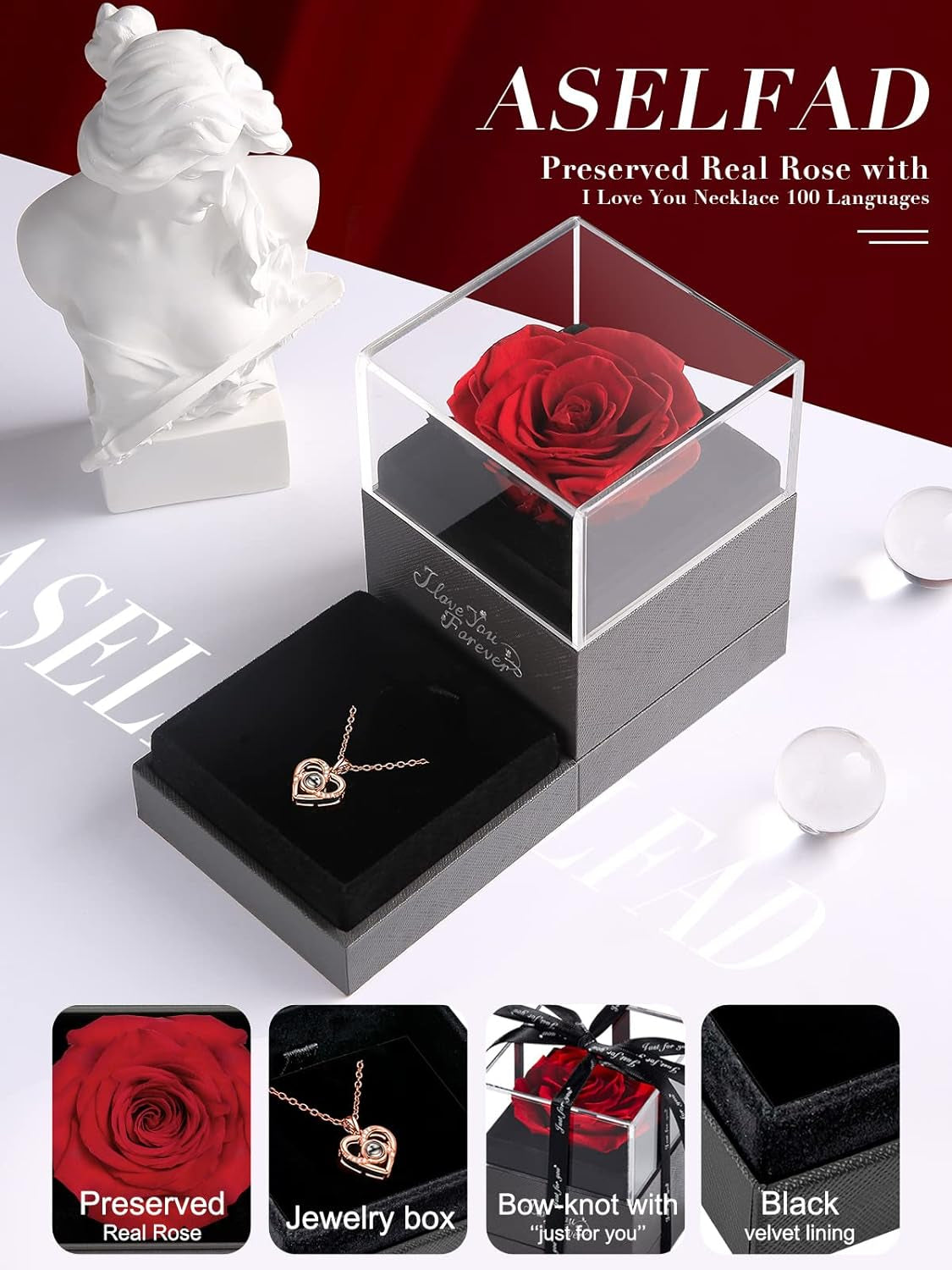 Preserved Real Red Rose with I Love You Necklace, Gifts for Mom Wife Girlfriend Her on Anniversary Mothers Day Valentines Day Christmas Birthday Gifts for Women