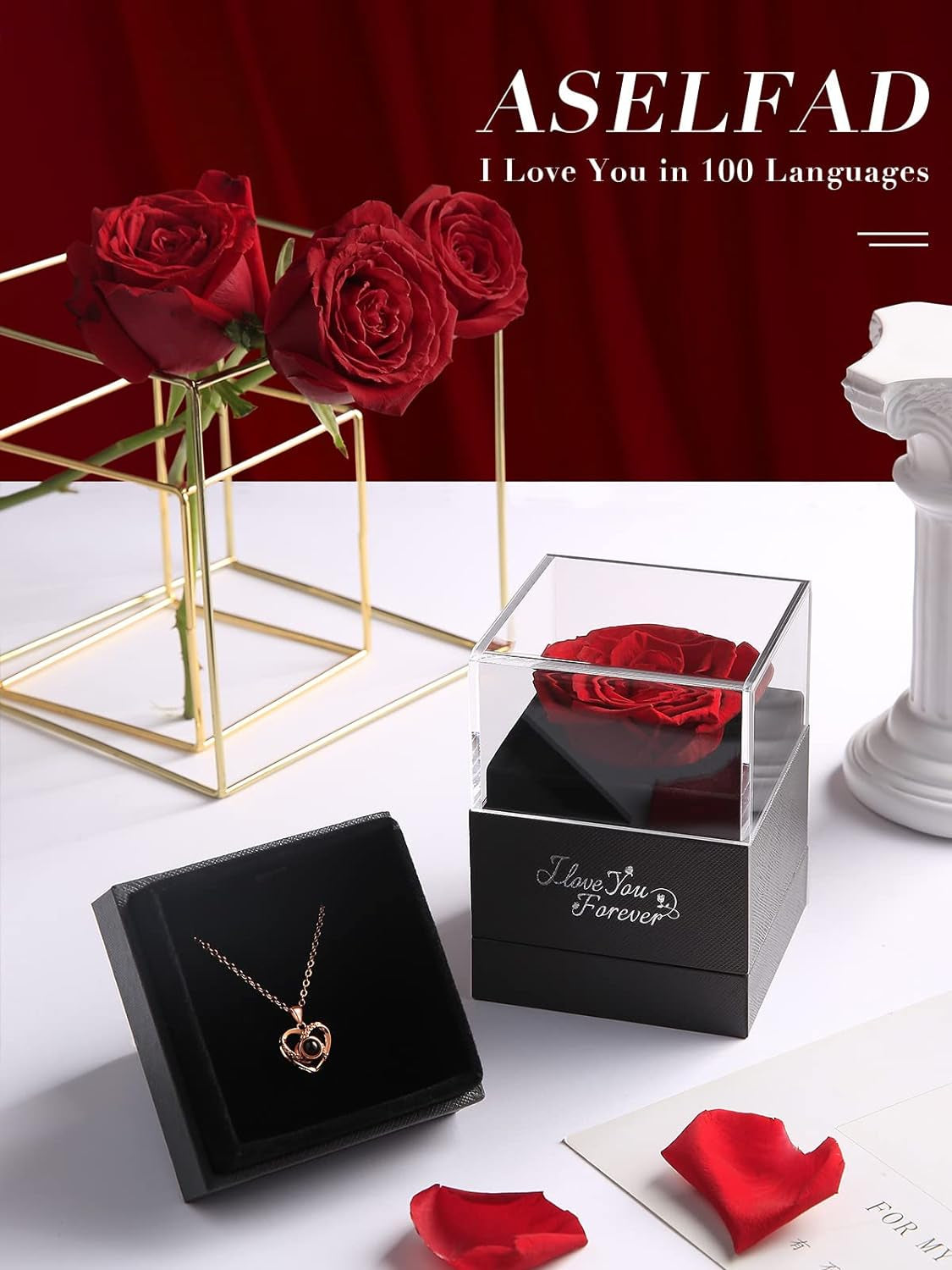 Preserved Real Red Rose with I Love You Necklace, Gifts for Mom Wife Girlfriend Her on Anniversary Mothers Day Valentines Day Christmas Birthday Gifts for Women