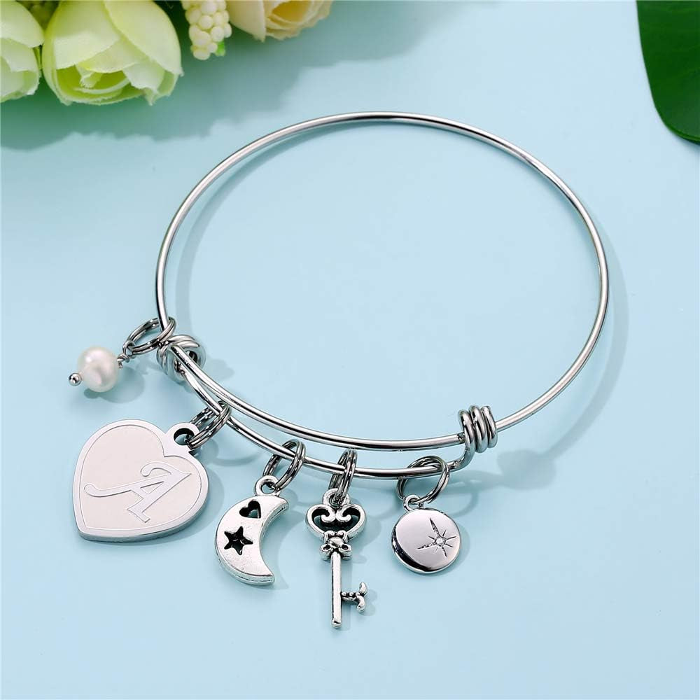 Initial Charm Bracelets for Women Gifts - Engraved 26 Letters Initial Charms Bracelet Stainless Steel Bangle Bracelet Birthday Christmas Jewelry Gift for Women Teen Girls